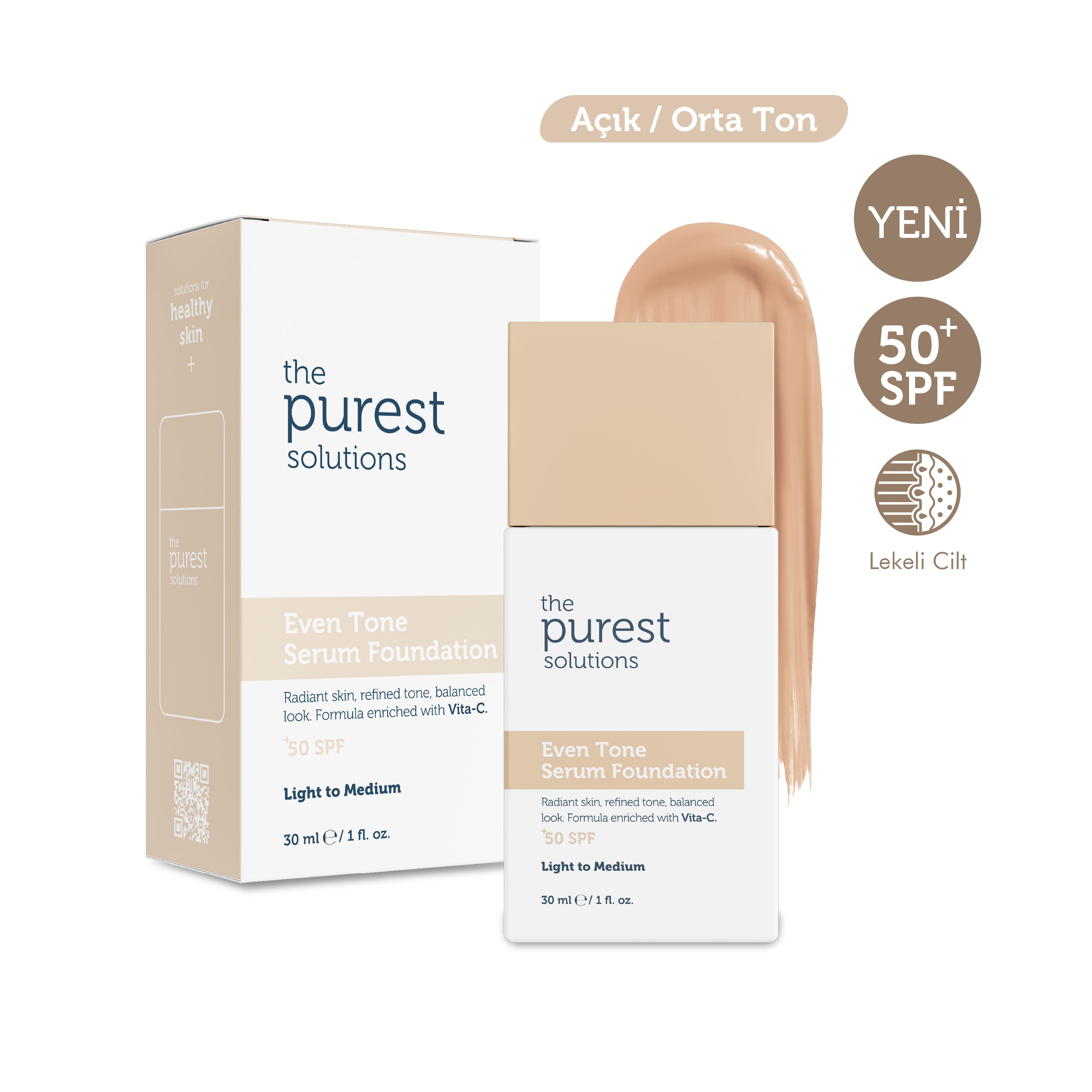 Cilt Tonu Eşitleyici & Leke Karşıtı Serum Fondöten SPF 50+,30 ml – Açık/Orta Ton