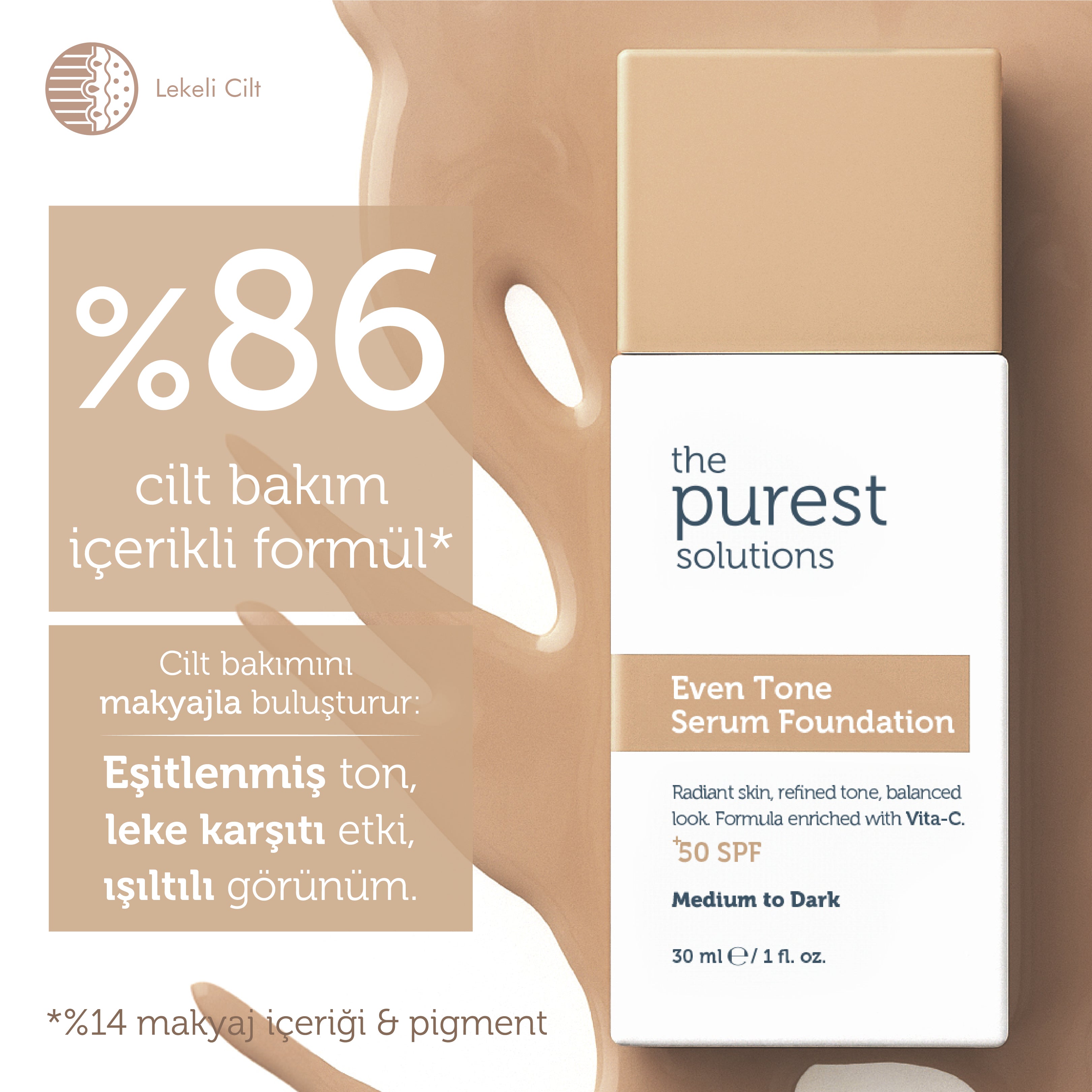 Hauttonausgleichendes und Anti-Pickel-Serum-Foundation LSF 50+, 30 ml – Mittlerer/Dunkler Hautton