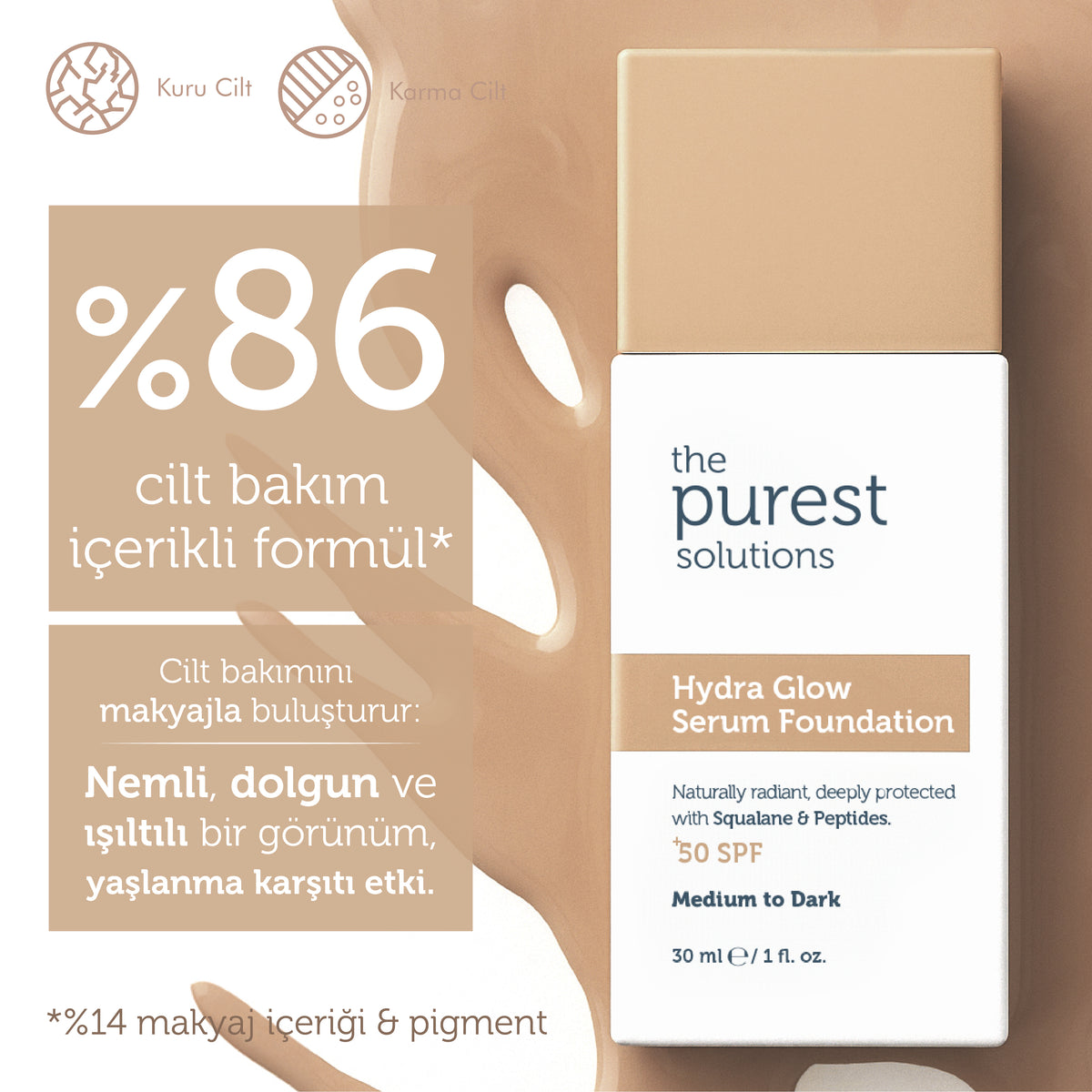Nemlendirici & Canlandırıcı Serum Fondöten SPF 50+,30 ml – Orta/Koyu Ton