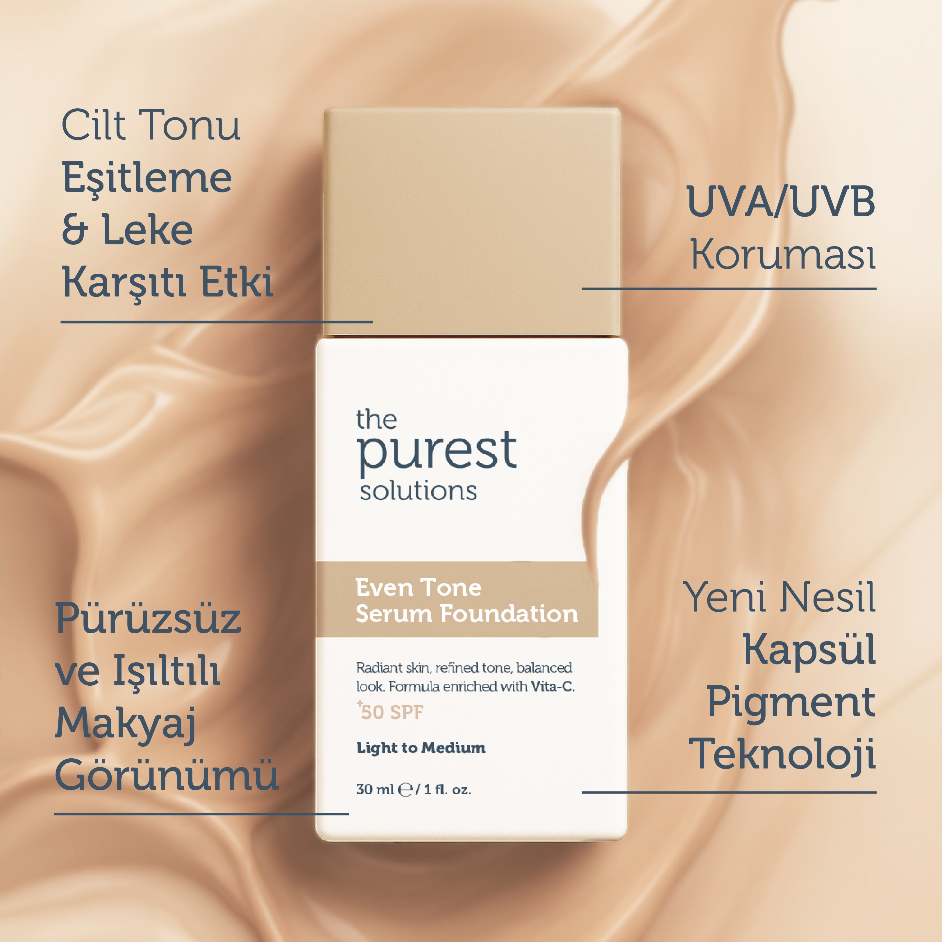 Cilt Tonu Eşitleyici & Leke Karşıtı Serum Fondöten SPF 50+,30 ml – Açık/Orta Ton