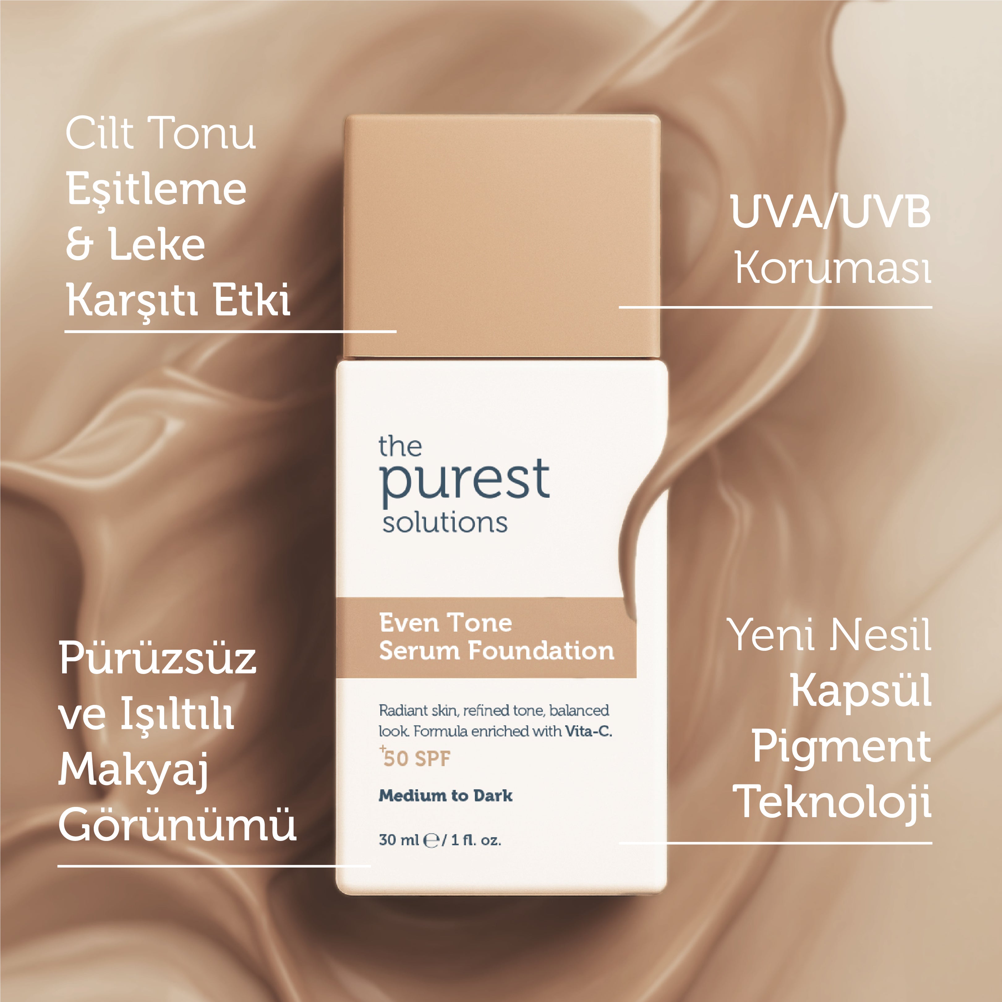 Hauttonausgleichendes und Anti-Pickel-Serum-Foundation LSF 50+, 30 ml – Mittlerer/Dunkler Hautton