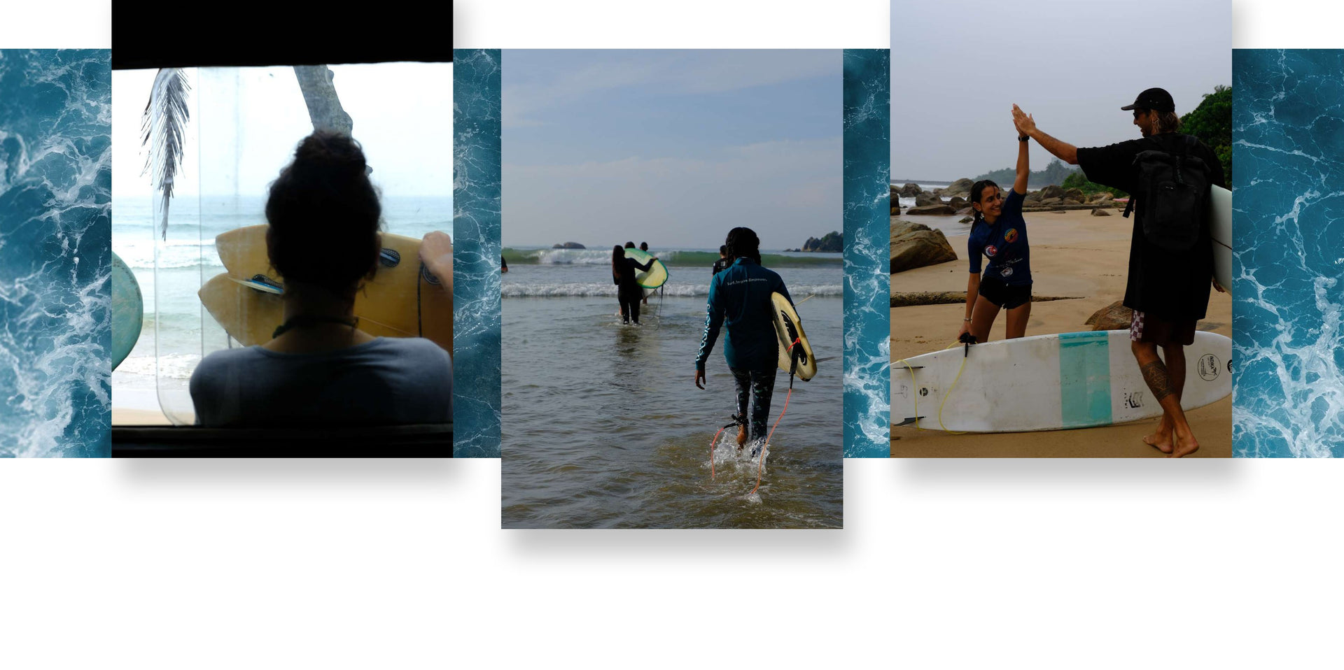 Sea Together programından fotoğraflar: sörf tahtalı katılımcılar ve sahilde eğitim