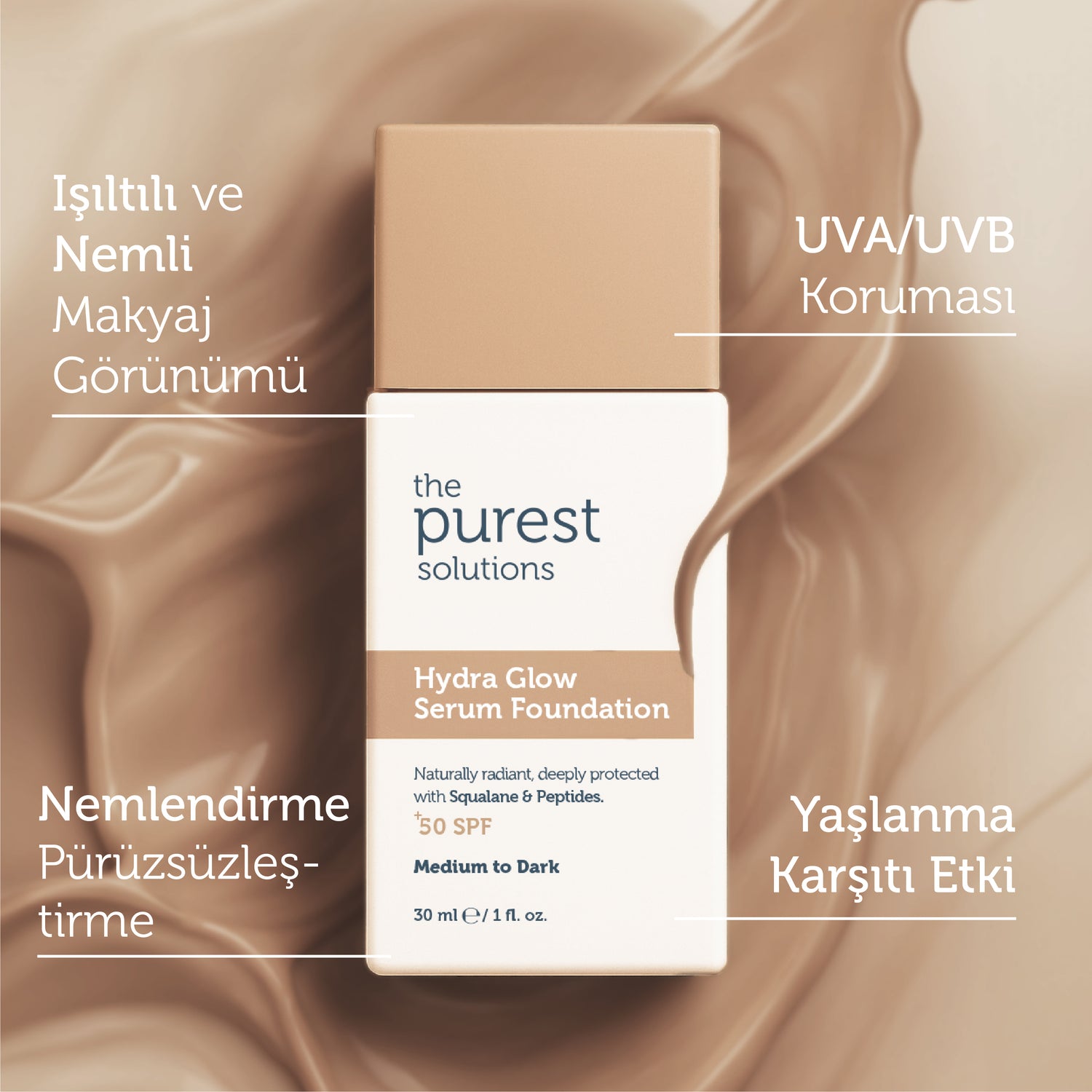 Feuchtigkeitsspendende und revitalisierende Serum-Foundation mit LSF 50+, 30 ml – Mittlerer/Dunkler Hautton