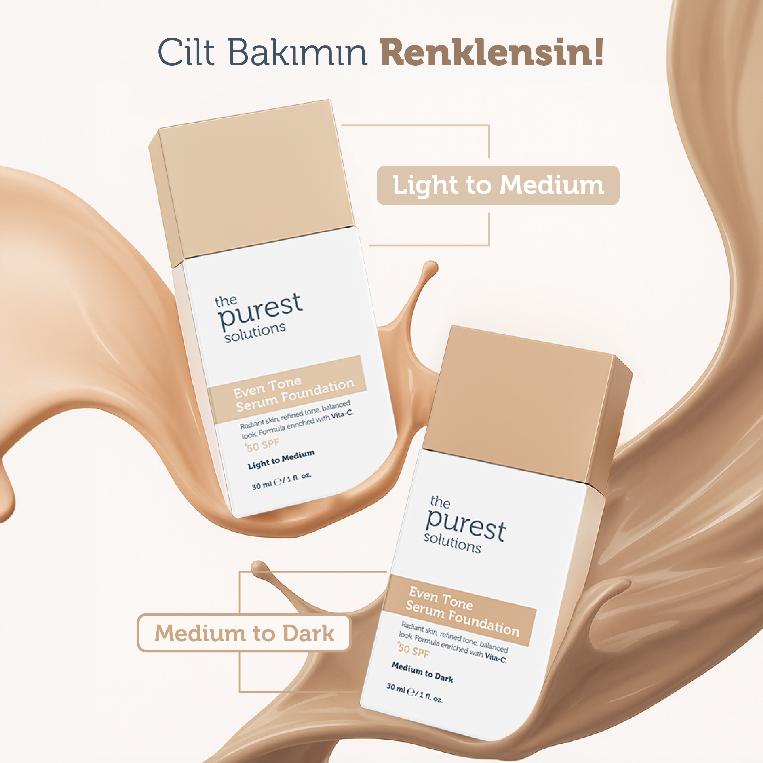 Cilt Tonu Eşitleyici &amp; Leke Karşıtı  Serum Fondöten  SPF 50+,30 ml – Açık/Orta Ton