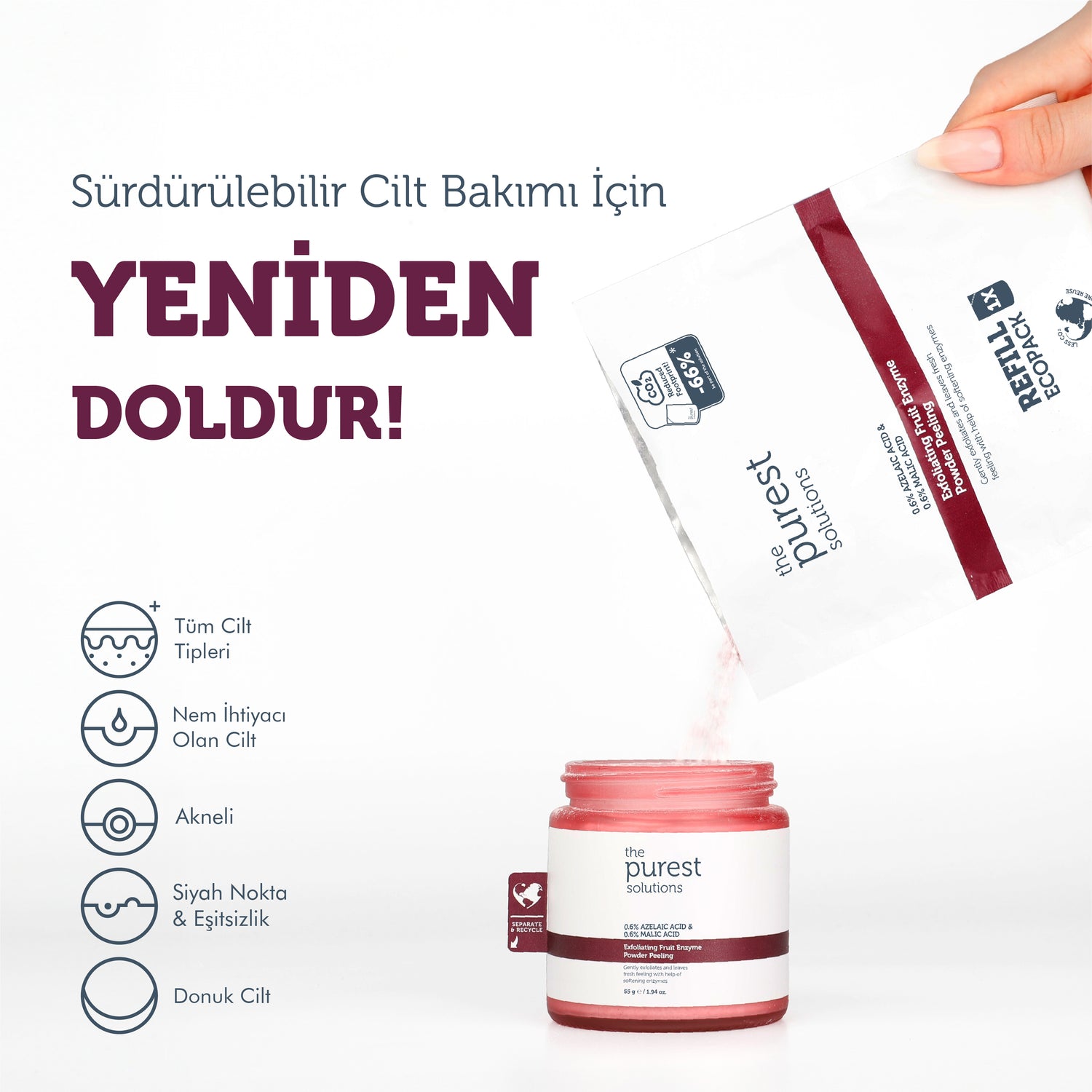 Refill Ekolojik Yedek Paket- Arındırıcı ve Aydınlatıcı Enzim Kırmızı Toz Peeling 55 Gr