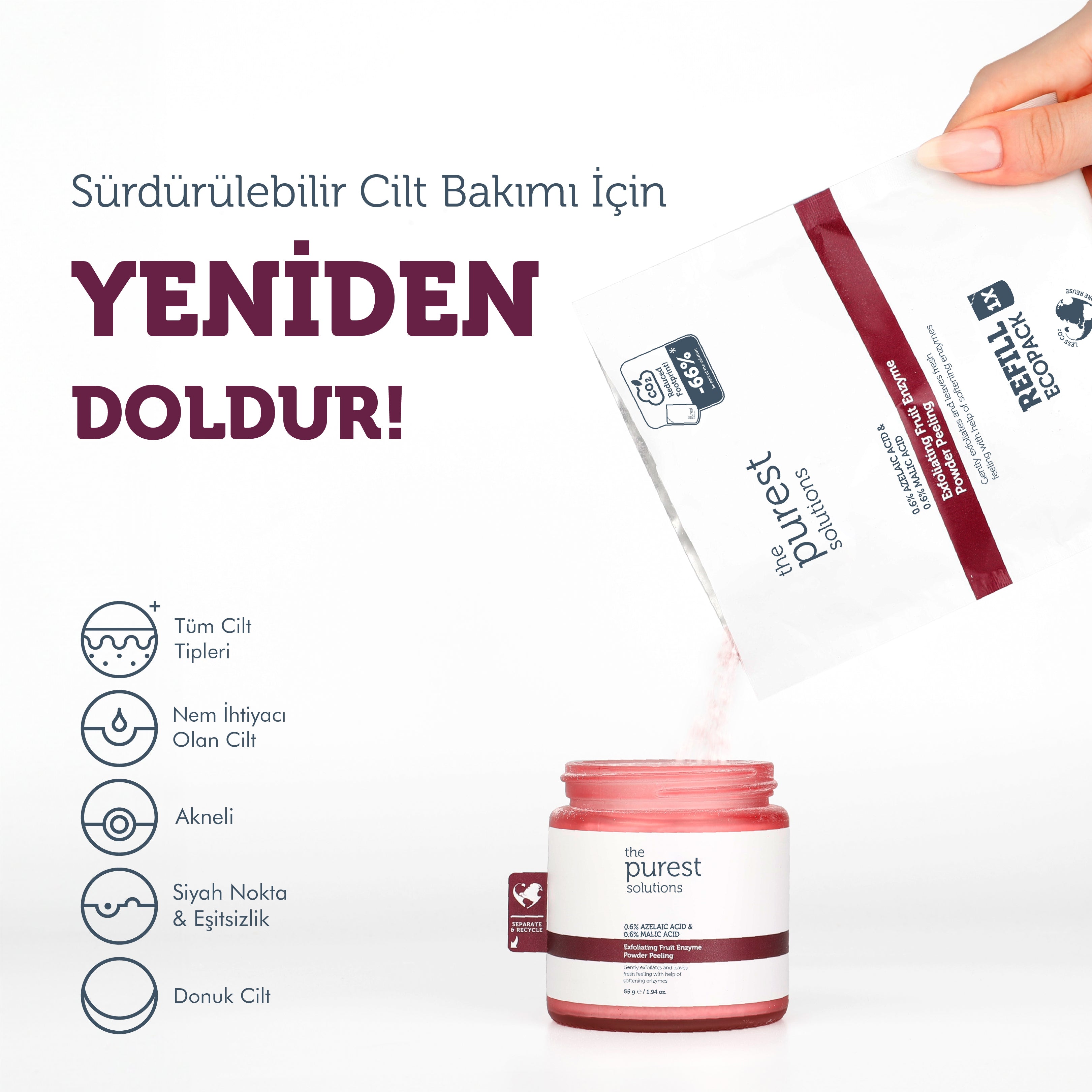 Refill Ekolojik Yedek Paket- Arındırıcı ve Aydınlatıcı Enzim Kırmızı Toz Peeling 55 Gr