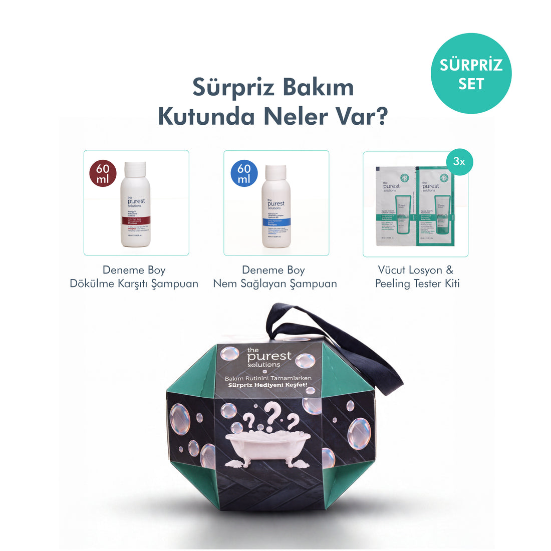 Sürpriz Bakım Kutusu – 2x60ml Şampuan + 3x10ml Vücut Peeling &amp; Losyon Tester + Sürpriz Saç Aksesuarı