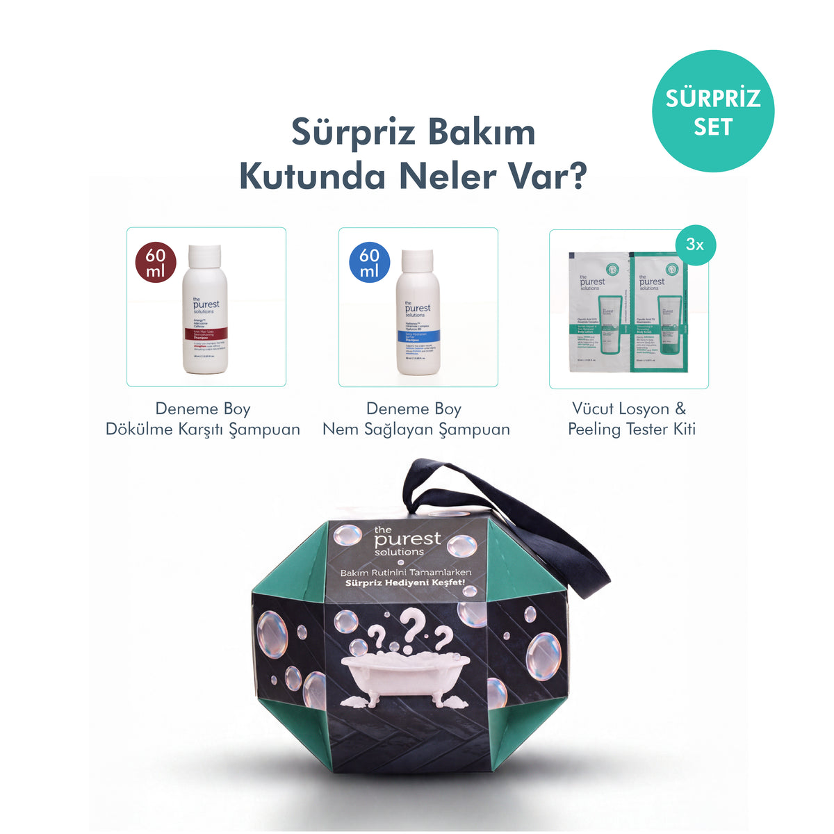 Sürpriz Bakım Kutusu – 2x60ml Şampuan + 3x10ml Vücut Peeling &amp; Losyon Tester + Sürpriz Saç Aksesuarı