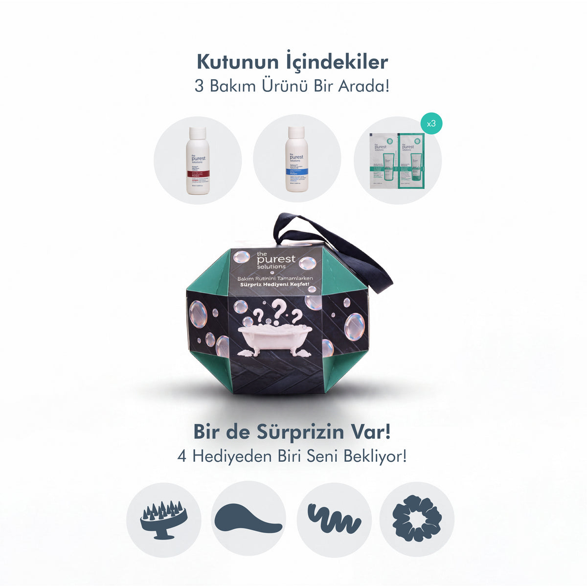 Sürpriz Bakım Kutusu – 2x60ml Şampuan + 3x10ml Vücut Peeling &amp; Losyon Tester + Sürpriz Saç Aksesuarı