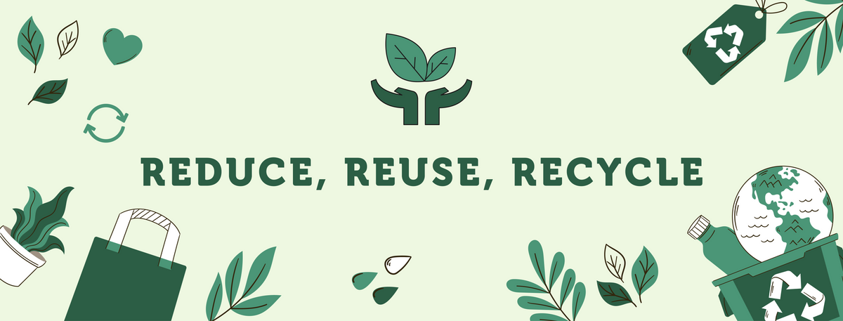 Reduce, Reuse, Recycle — yaprak, geri dönüşüm ve dünya illüstrasyonlu banner
